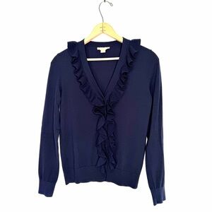 Michael Kors Collection Blue Ruffle Front Merino Wool Button Down Cardigan Small
